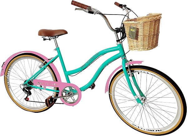 Bicicleta Aro 26 Retrô Vintage com Cestinha de Vime, Verde Água
