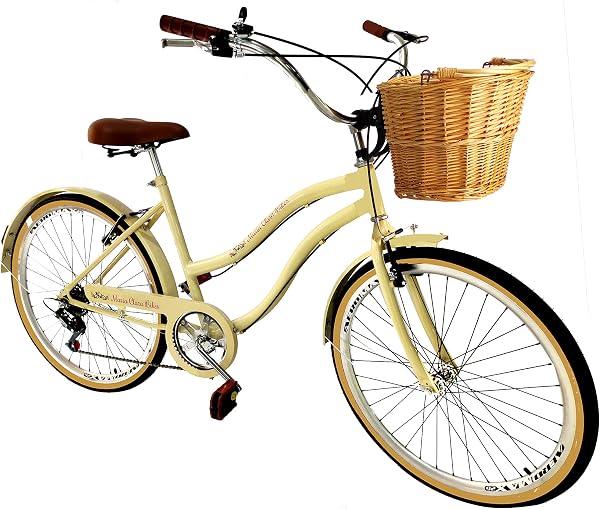 Bicicleta Aro 26 Retrô Vintage Feminina Cesta Vime 6V Bege